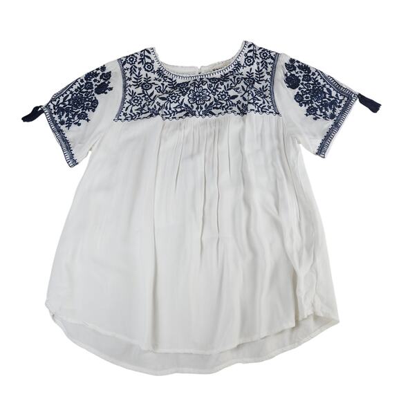 Savanna Jane Womens Boho Embroidered Peasant Top White & Navy Size Large Cottage - Picture 2 of 12